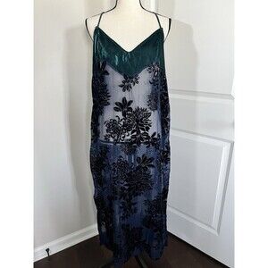 NWT Free People Sheer Velvet Slip Dress Navy And Emerald Large
